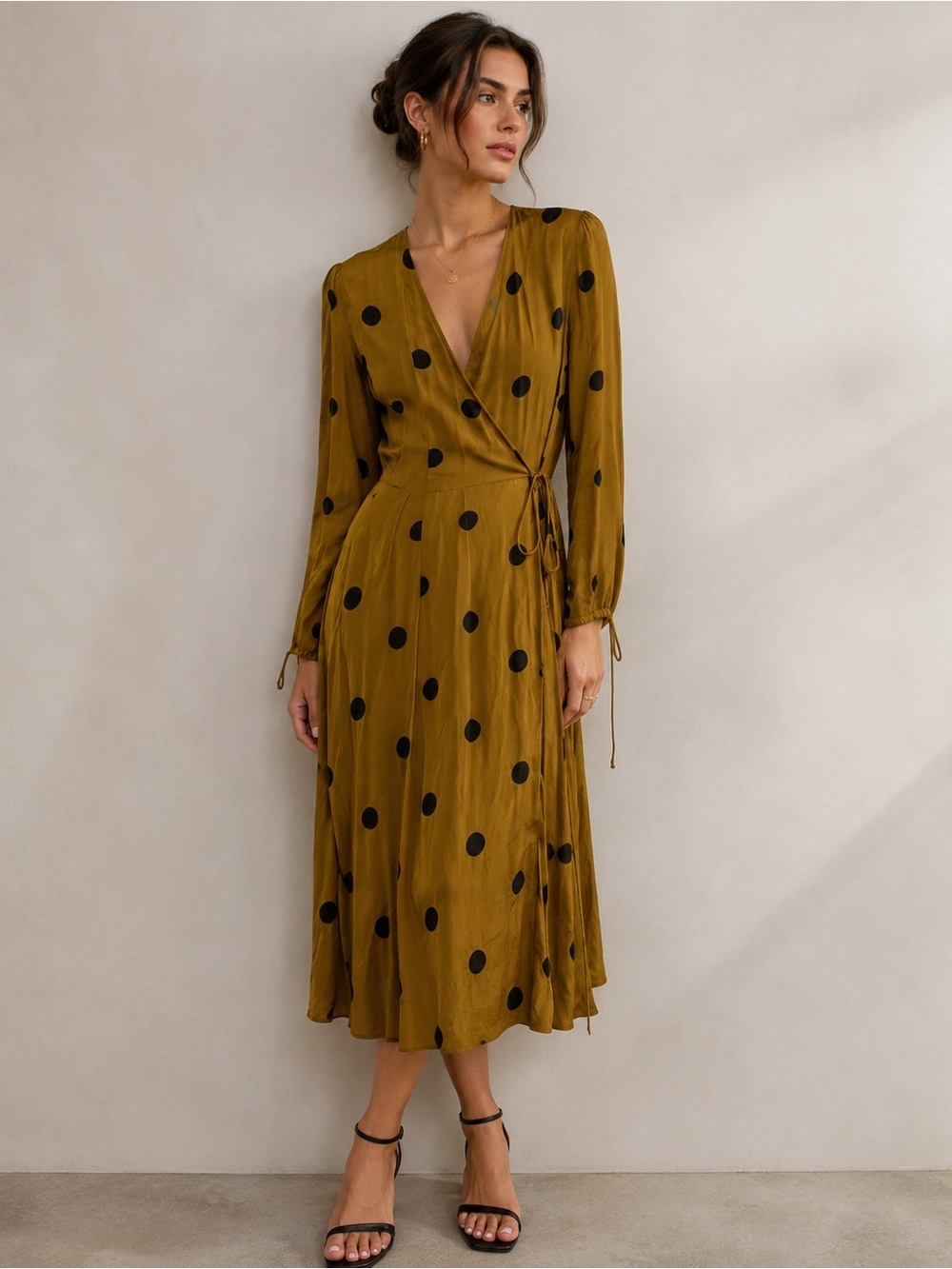 Urban Outfitters Olive Wrap Midi Dress with Black Polka Dots